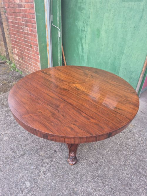fig 2. A circular Regency rosewood breakfast table featuring a figured veneer top, carved acanthus leaf pedestal column, and a concaved quadform base.