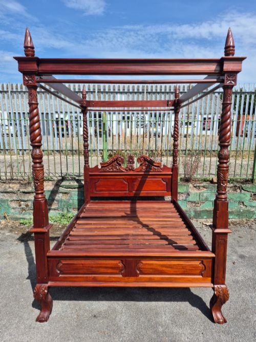 Hand Carved Four Poster. Standard Double Size 4 Foot 6