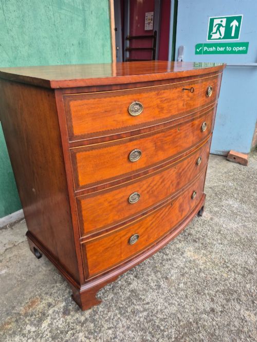 fig 4. A Regency period satinwood bowfront chest of drawers featuring four graduated drawers with oval brass handles and bracket feet.