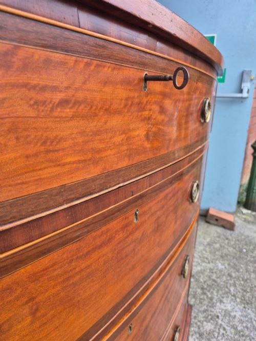 fig 5. A Regency period satinwood bowfront chest of drawers featuring four graduated drawers with oval brass handles and bracket feet.