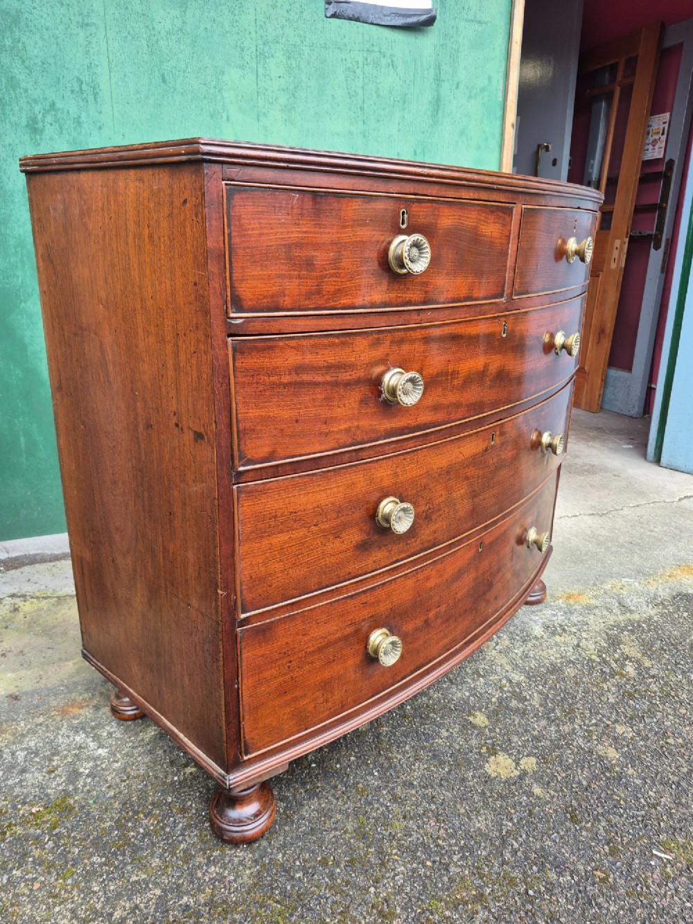 An antique mahogany bowfront chest of drawers featuring two short drawers over three long drawers with brass rosette knobs and turned feet. View II