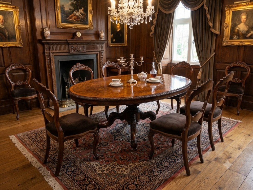 A Victorian oval burr walnut breakfast table with floral marquetry inlay, carved apron, and four carved cabriole legs. View XII