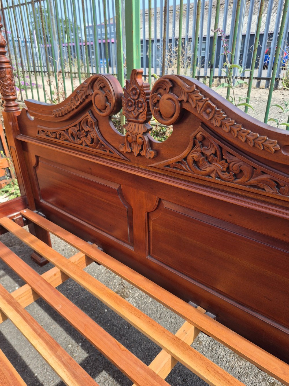 A super king size four-poster bed frame crafted from dark carved wood featuring spiral twisted posts and a scrolled headboard crest. View VI