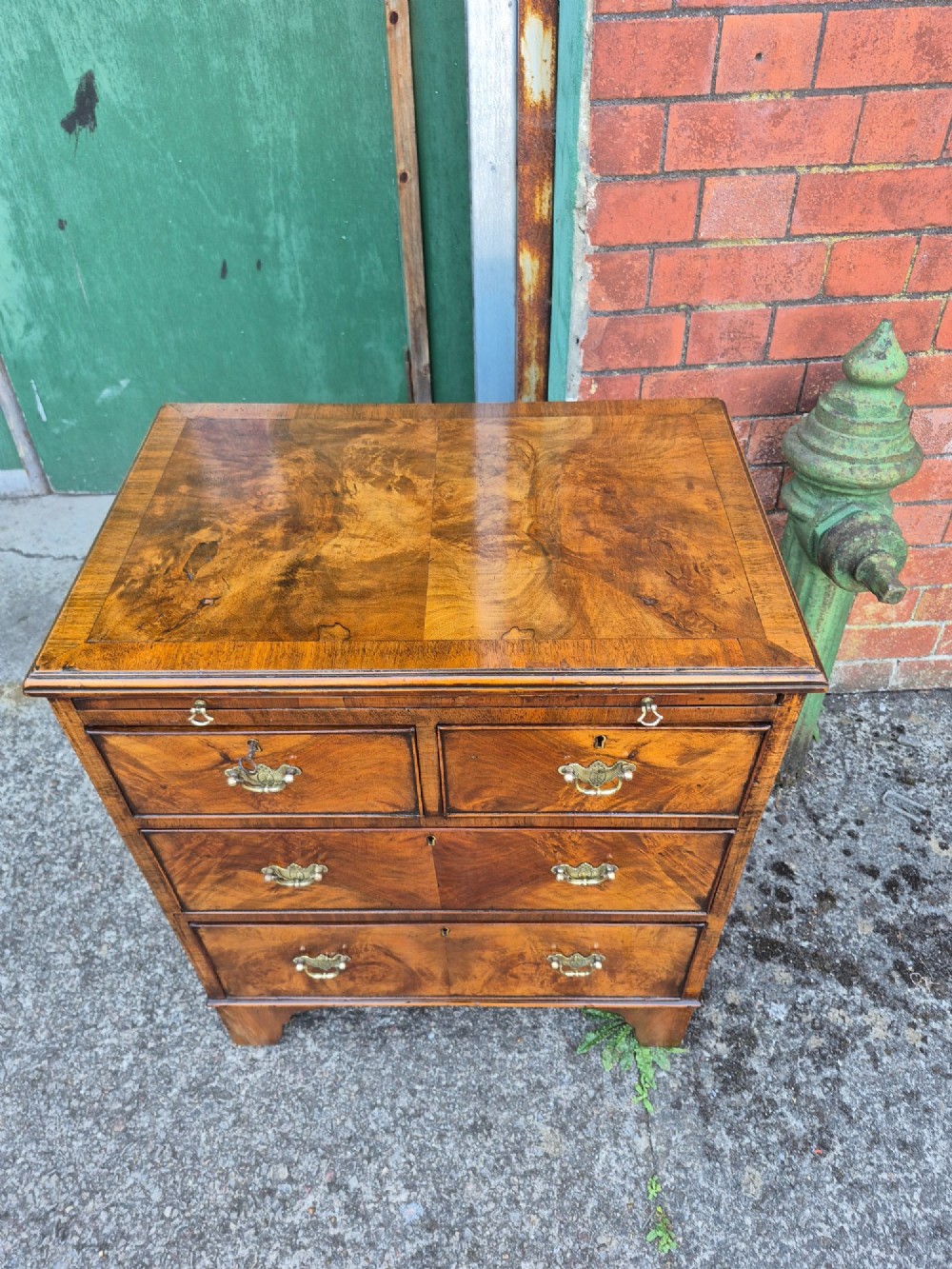 A small burr walnut bachelors chest featuring four drawers with brass handles, a brushing slide, and bracket feet. View II