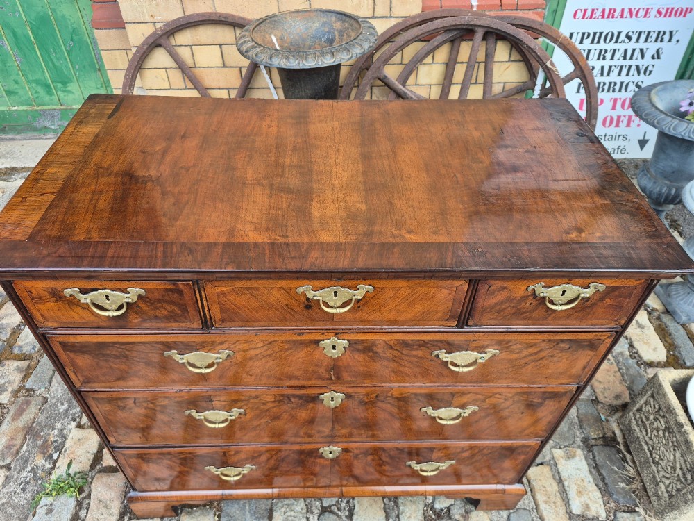 A Georgian walnut and oak chest of drawers featuring three upper small drawers, three full-width lower drawers, brass handles, and bracket feet. View V