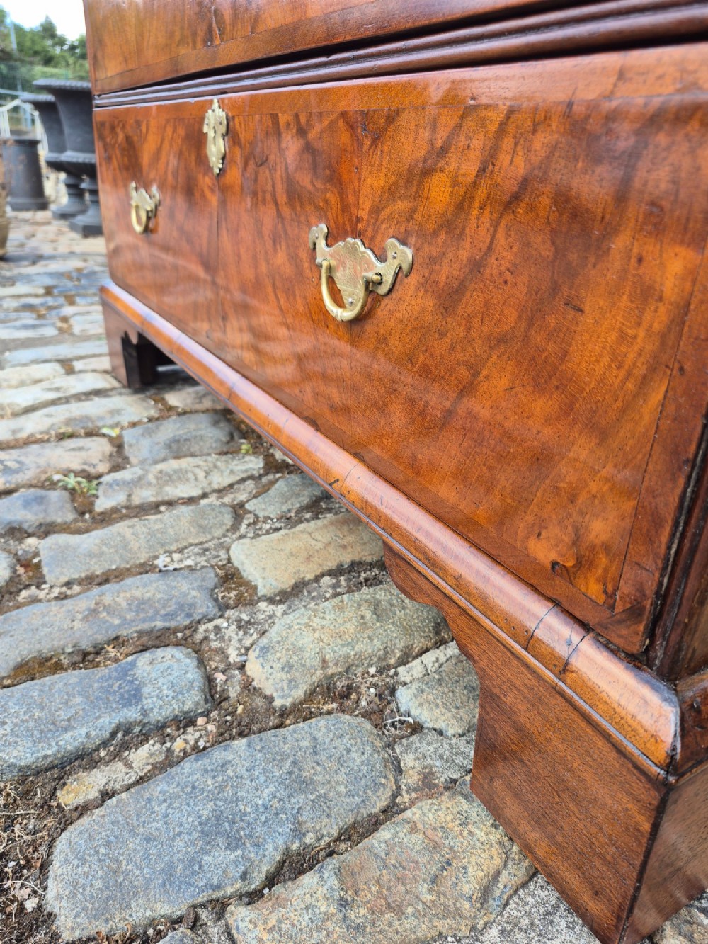 A Georgian walnut and oak chest of drawers featuring three upper small drawers, three full-width lower drawers, brass handles, and bracket feet. View VII