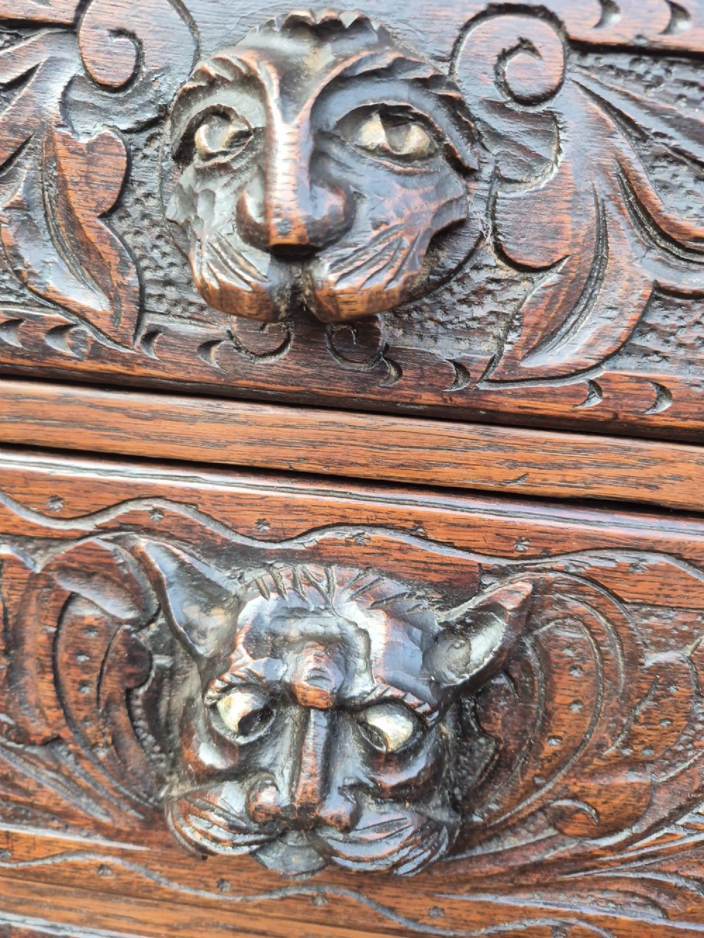 A nineteenth-century dark oak chest of drawers featuring hand-carved grotesque Green Man face masks and elaborate foliate scrollwork across the front. View IV