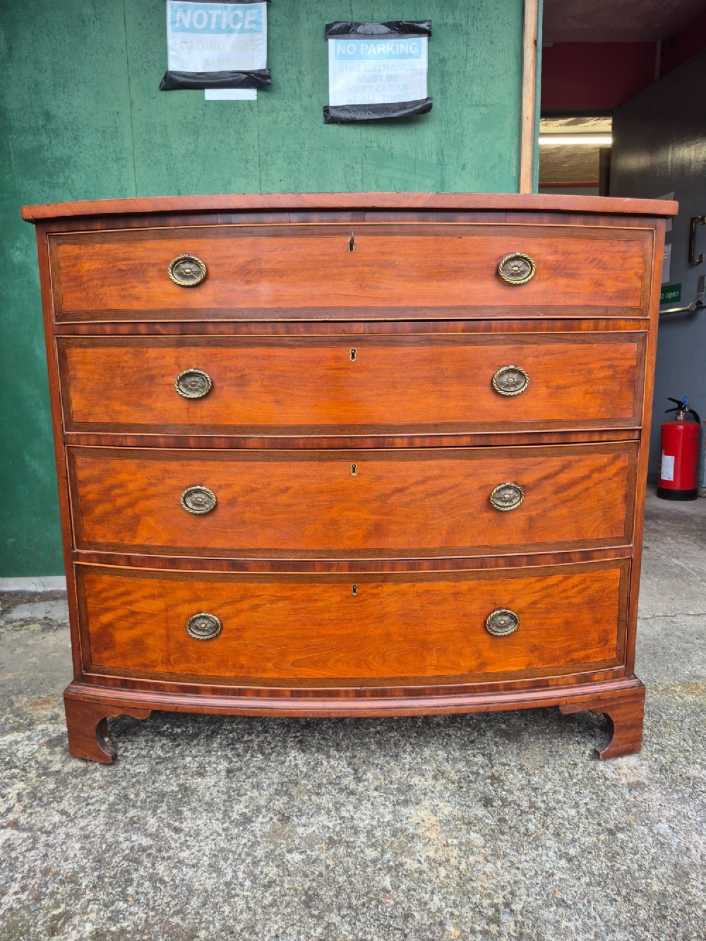 A Regency period satinwood bowfront chest of drawers featuring four graduated drawers with oval brass handles and bracket feet.