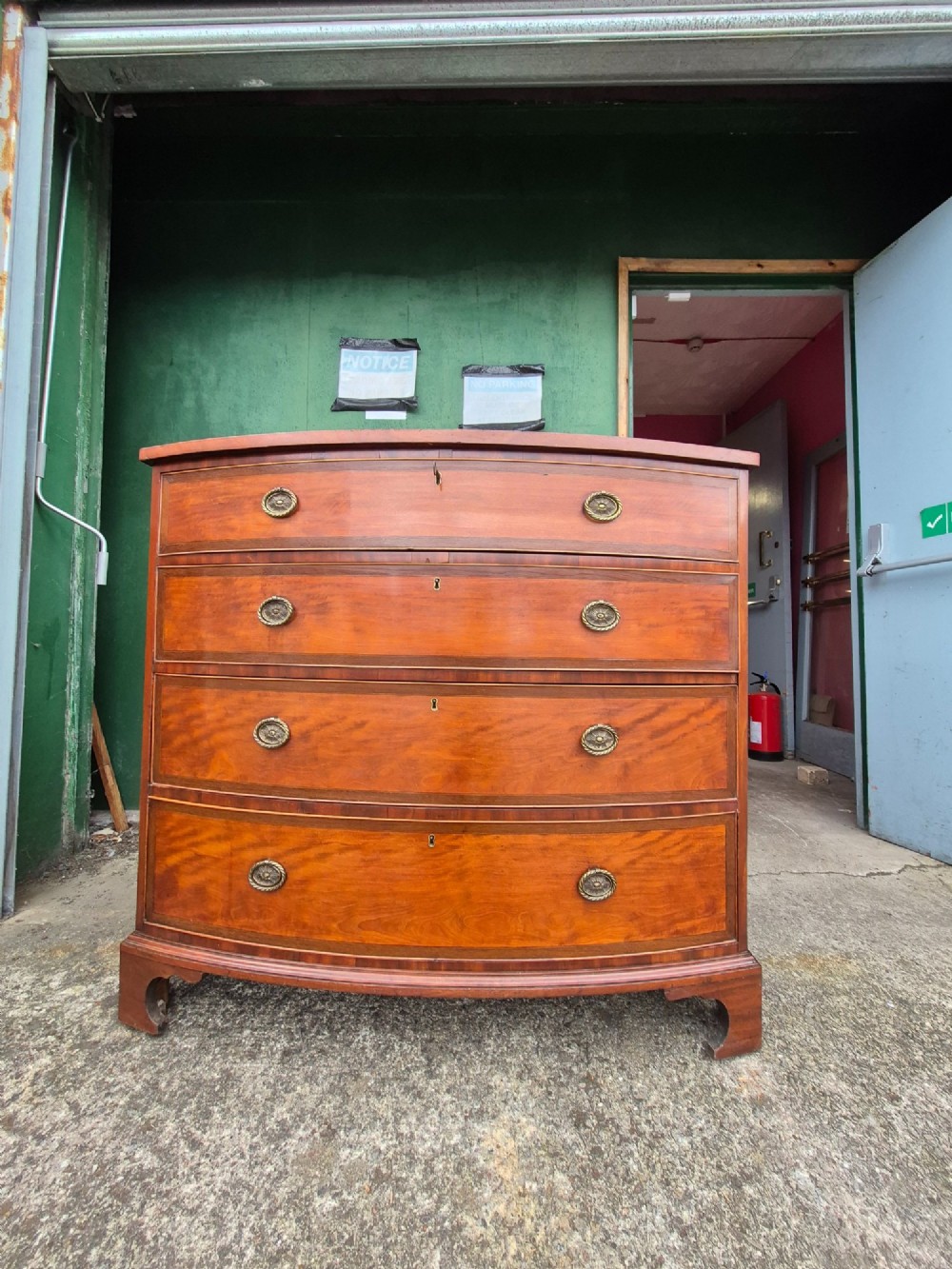 A Regency period satinwood bowfront chest of drawers featuring four graduated drawers with oval brass handles and bracket feet. View II