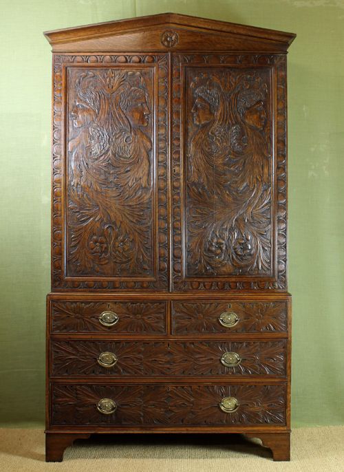 Unusual Victorian Carved Oak Clothes Press.