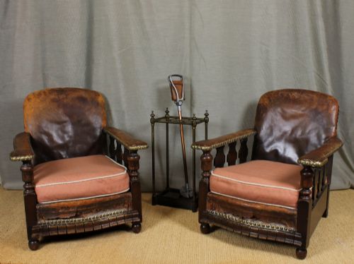Pair Distressed Leather Bothy Armchairs.