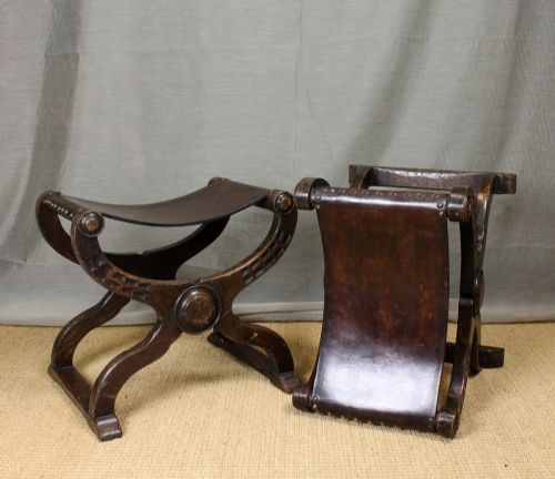 Pair Leather X Frame Oak Stools.