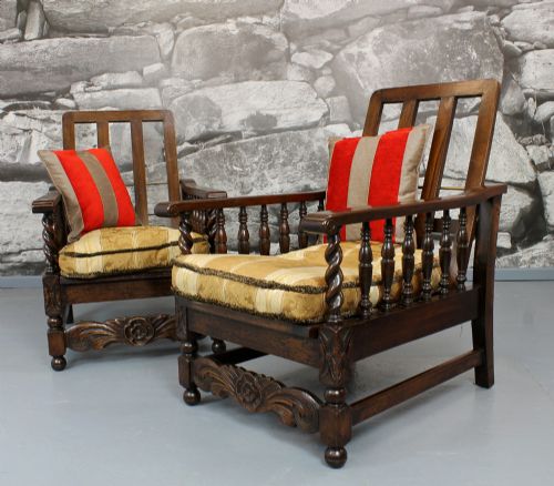 Pair Reclining Oak Steamer Armchairs.