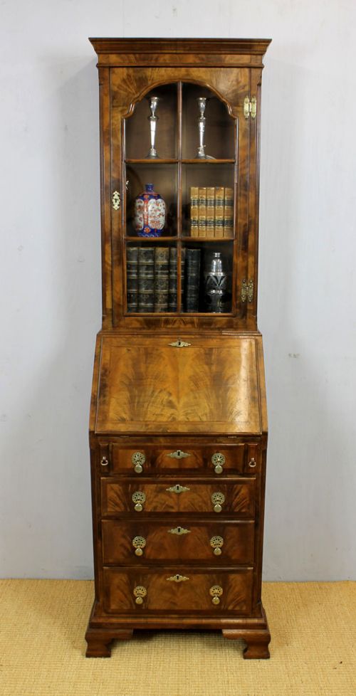 Narrow Burr Walnut Queen Anne Bureau Bookcase.