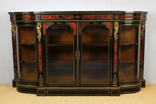 English Ebonised & Boulle Credenza Sideboard.