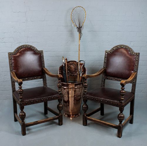 17th.c. Style Edwardian Oak Armchairs.