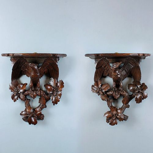 Pair of Carved Limewood Eagle Shelves.