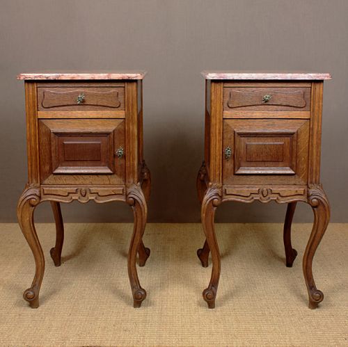 Pair French Marble Top Bedside Cabinets.