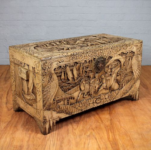 Oriental Carved Camphorwood Box.
