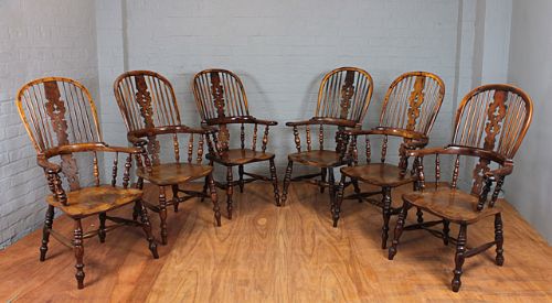 Six Yew Wood Windsor Chairs.