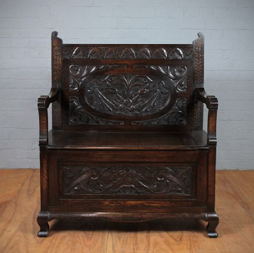 Carved Oak Hall Seat.