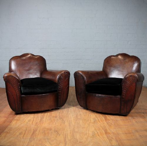 Pair Art Deco Leather Chairs.