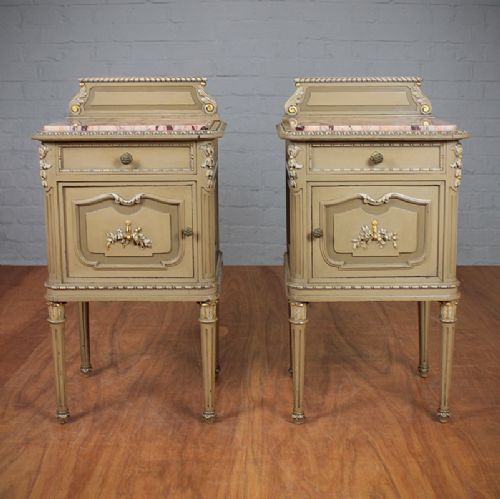 Pair French Marble Top Bedside Cabinets C.1900.