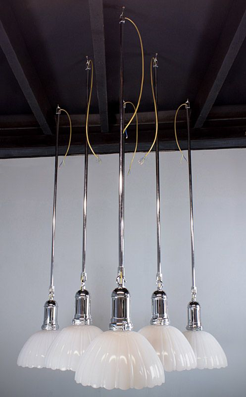 Set of 6 Chrome Hanging Pendant Lights. 61" Drop.