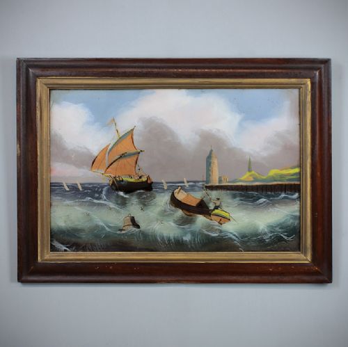 19th.c. Naive Seascape on Glass.