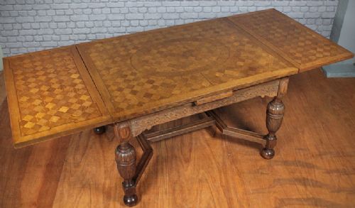 Oak Parquetry Top Drawer Leaf Table.