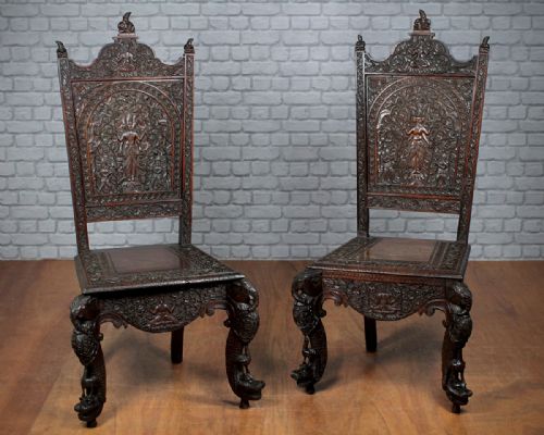 Pair Carved Anglo-indian Chairs C.1890.