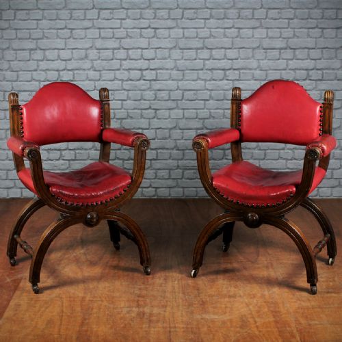 Pair Oak & Leather Armchairs C.1880.