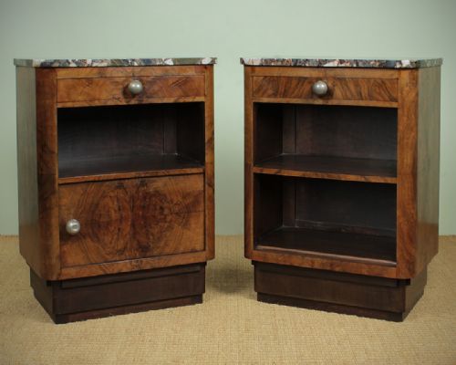 Marble Topped Walnut Art Deco Bedside Cabinets C.1925.