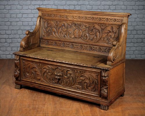 Carved Oak Box Settle C.1890.
