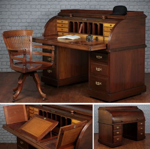 Large Walnut Cylinder Top Pedestal Desk C.1860.