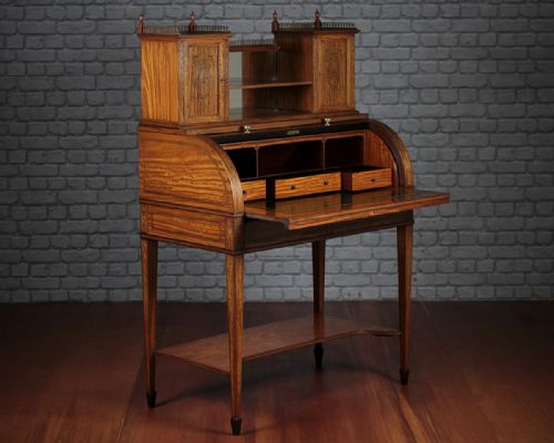 Exceptional Inlaid Satinwood Cylinder Top Bureau C.1905.