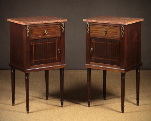 Pair French Marble Top Mahogany Bedside Cupboards C.1920.