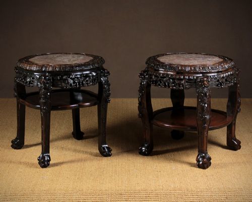 19th.c. Chinese Marble Top Carved Rosewood Urn Stands C.1890.