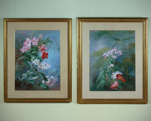 Large Pair of Exotic Floral Watercolours C.1890.