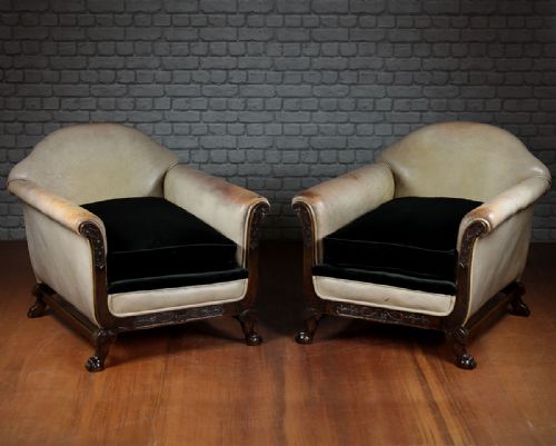 Pair Early 20th.c. Low Back Leather Club Armchairs C.1920