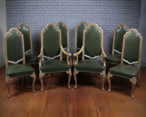 Eight George II Style Walnut and Leather Dining Chairs C.1930.