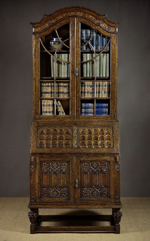 Carved Oak Queen Anne Bureau Bookcase C.1920.