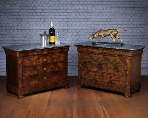 Two French Marble Top Burr Walnut Chests of Drawers C.1890.