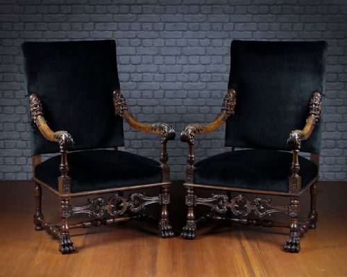 Exceptional Pair of Carved Walnut Armchairs C.1840.