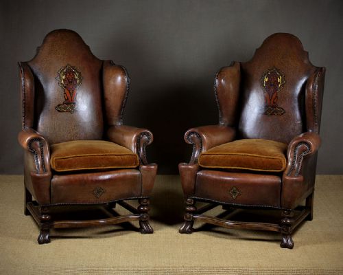 Pair Large Leather Armchairs with Painted Lions C.1910.