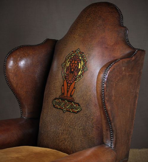 fig 1. Pair Large Leather Armchairs with Painted Lions c.1910.