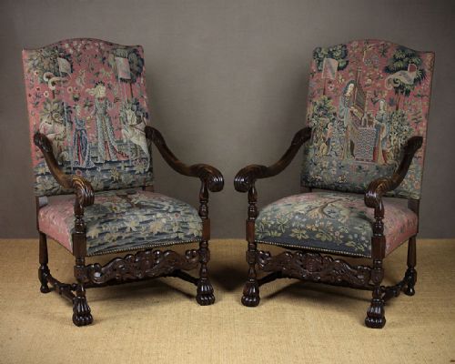 Pair of Open Armchairs with Lady & the Unicorn Tapestry Covers.