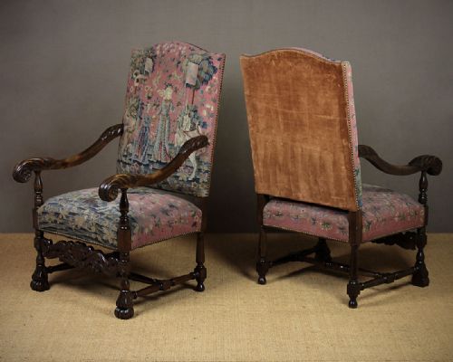 fig 1. Pair of Open Armchairs with Lady & The Unicorn Tapestry Covers.