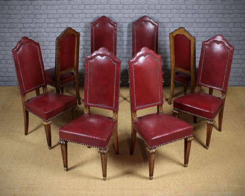 Set of 8 Oak & Red Leather Dining Chairs C.1930.