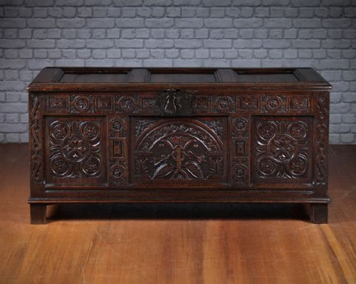18th.c. Oak Coffer with Exceptional Carved Front C.1740.